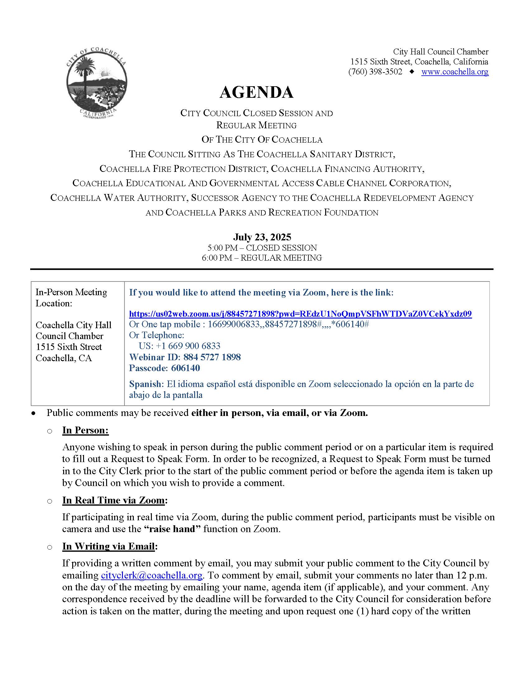2025-07-23 City Council Closed Session and Regular Meeting Agenda_Page_1