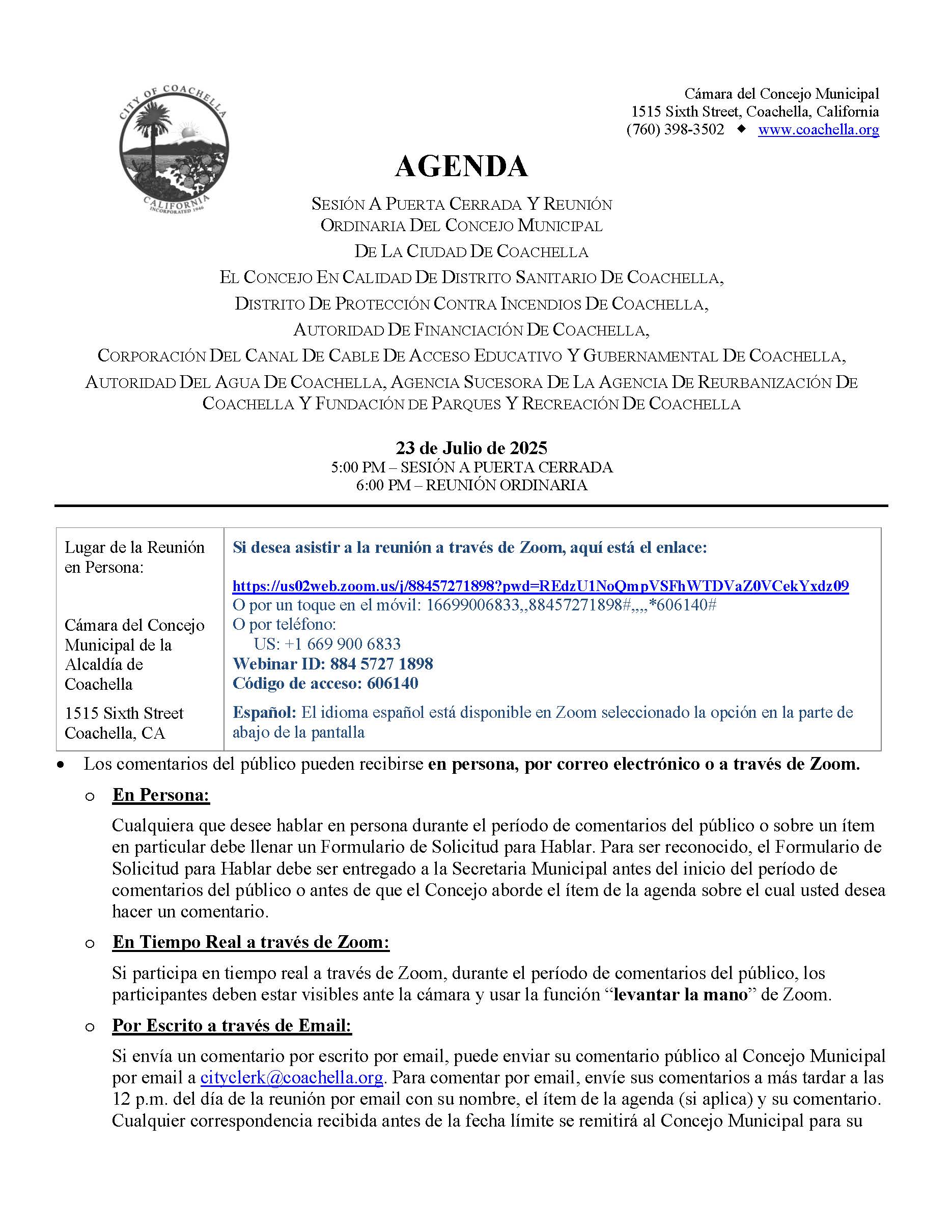 2025-07-23 City Council Closed Session and Regular Meeting Agenda SPA