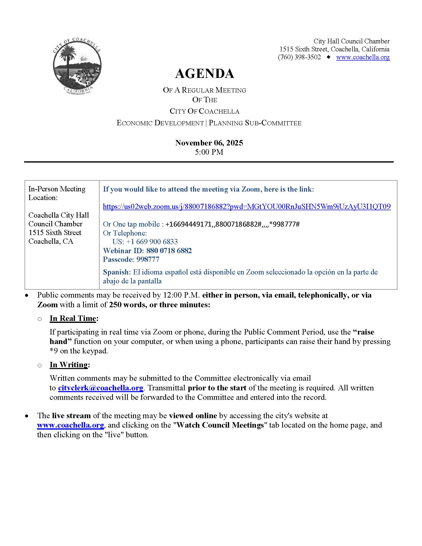 Agenda-Economic Development _ Planning Sub-Committee-November 6 2025 5.00 PM_Page_1