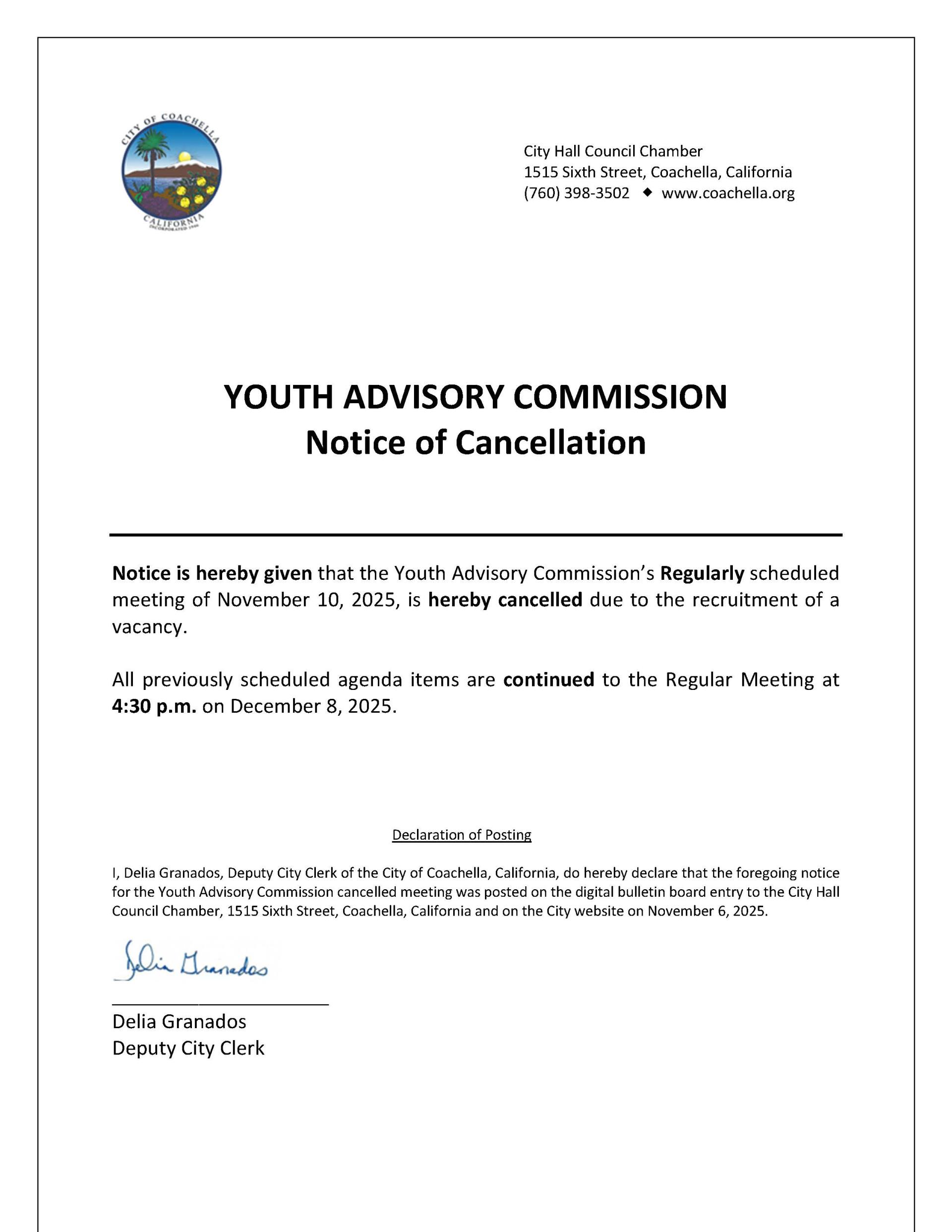 2025.11.10 Notice of Cancellation Youth Advisory Commission