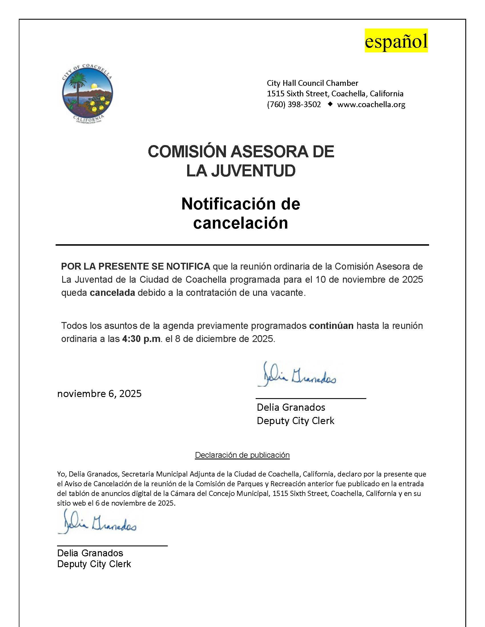 2025.11.10 Notice of Cancellation Youth Advisory Commission Spanish