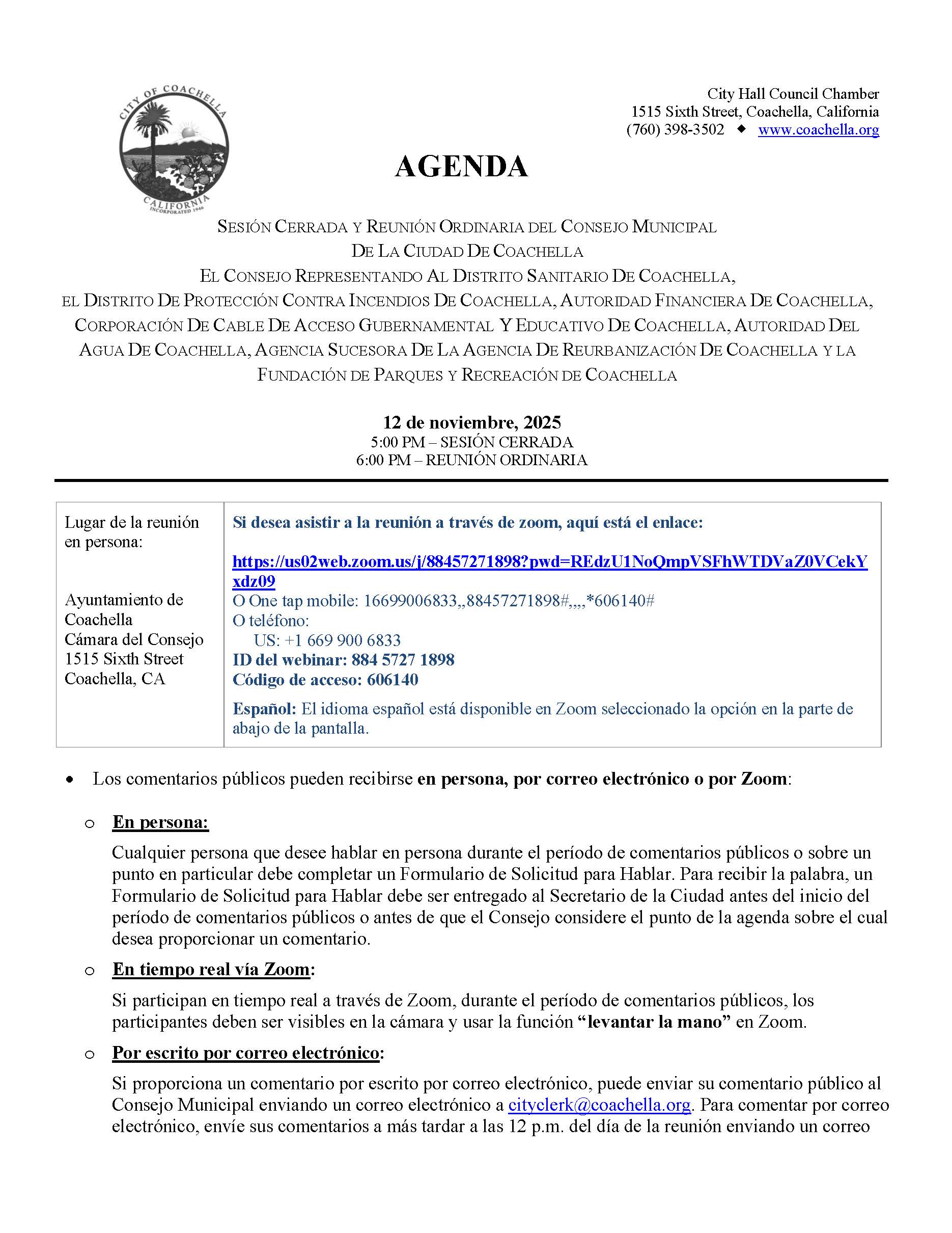 2025-11-12 City Council Closed Session and Regular Meeting Agenda (SPA (002)_Page_1